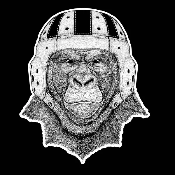 Rugbyspeler. Gorilla, aap, ape Frightful dierlijke Hand getekende afbeelding voor tattoo, badge, embleem en logo, patch — Stockvector