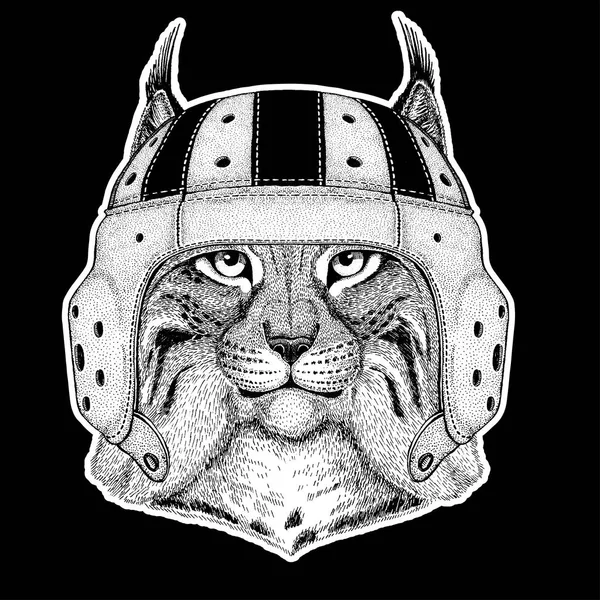 Jugador de rugby. Gato salvaje Lynx Bobcat Trot Imagen dibujada a mano para tatuaje, emblema, insignia, logotipo, parche — Vector de stock