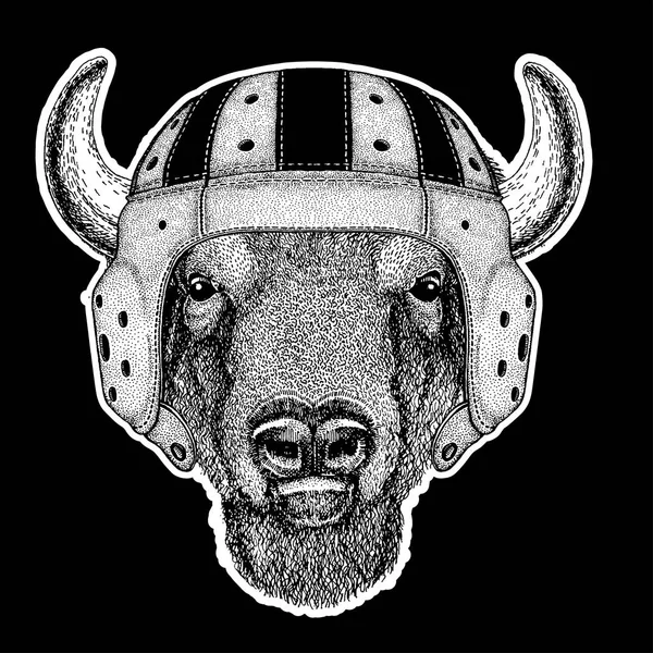 Rugbyspelare. Buffalo, bison, oxe, tjuren handen ritade bilden för tatuering, emblem, badge, logo patch — Stock vektor