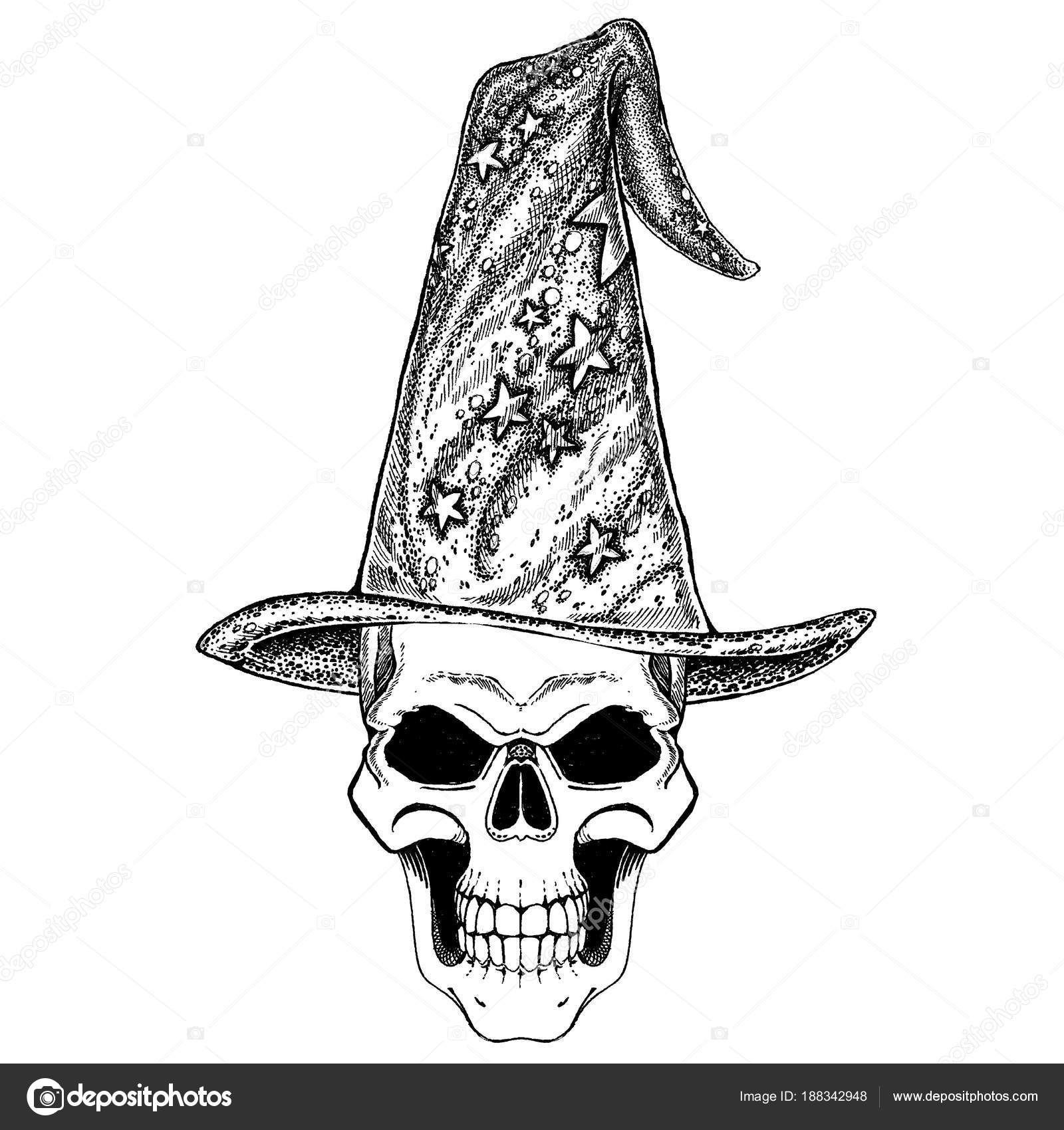 Old wizard. Fantasy demon skull wearing Magician hat. Fantasy headdress