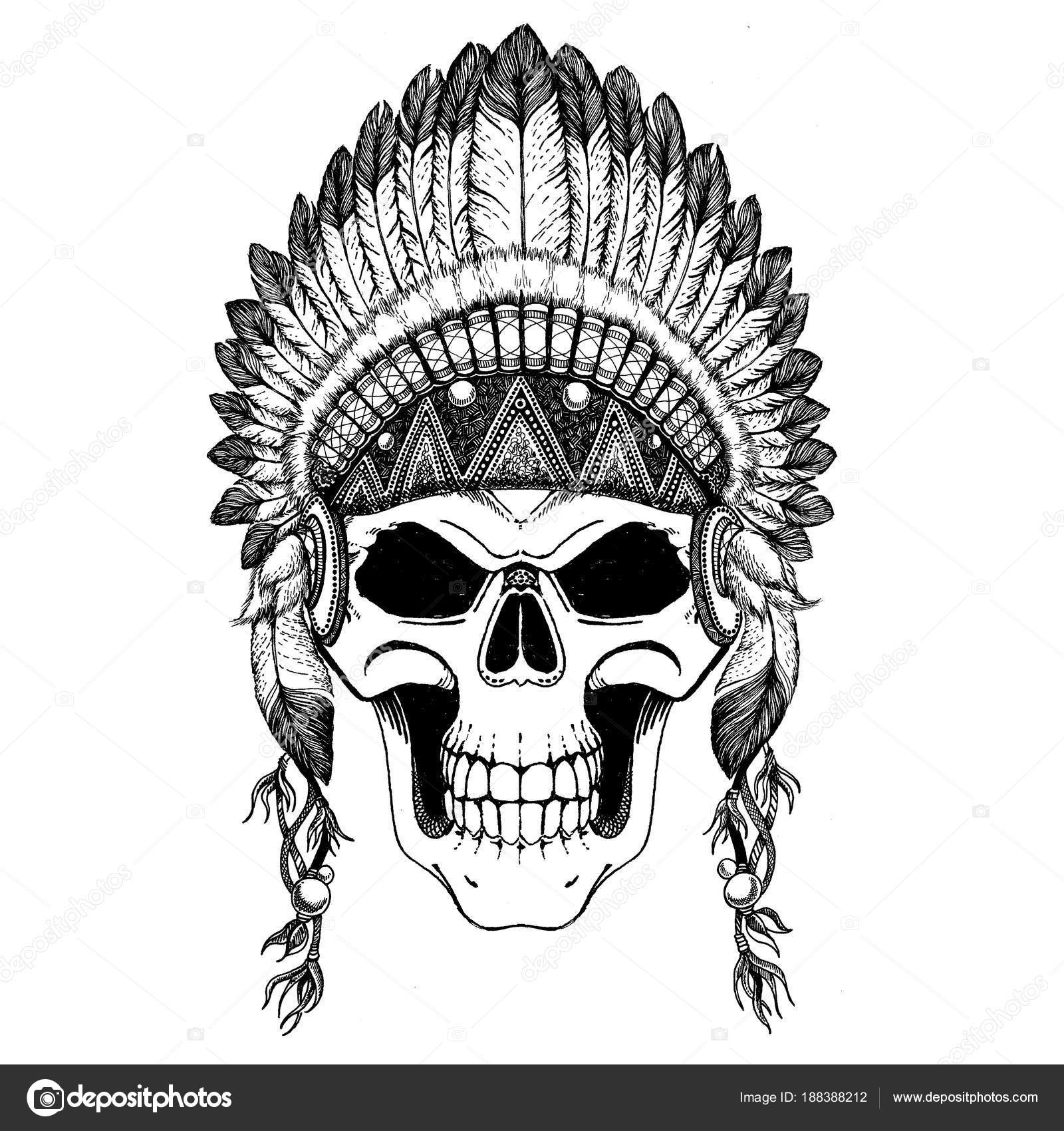 Impresionante corona de plumas en un cráneo, repitiendo el indio. Técnica  de ilustración gráfica, punteado. Hombre muerto. Ilustración étnica tribal.  Estilo boho chic. Salvaje y libre Ilustración de stock de ©Helen_F  #188388212