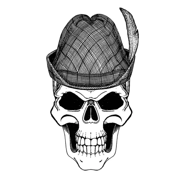 Skull wearing bavarian tirol hat. Demonic crazy beer festival. Oktoberfest. German national headdress. — Stock Photo, Image