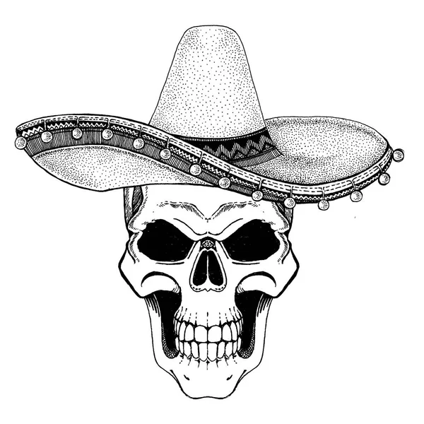 Teschio con indosso sombrero. Immagine per tatuaggio, t-shirt, poster, banner . — Foto Stock