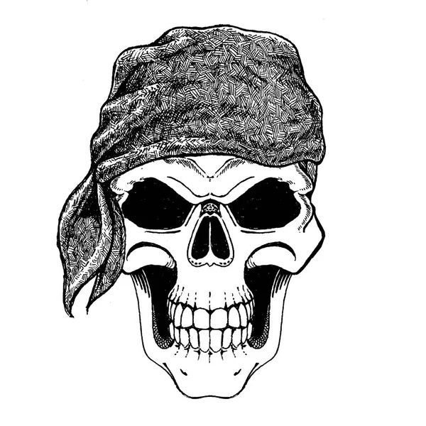 Brave dead pirate wearing bandana. Sailor of Caribbean sea. Retro vintage illustration of dead corsair. Skull wearing bandana — Stock Photo, Image