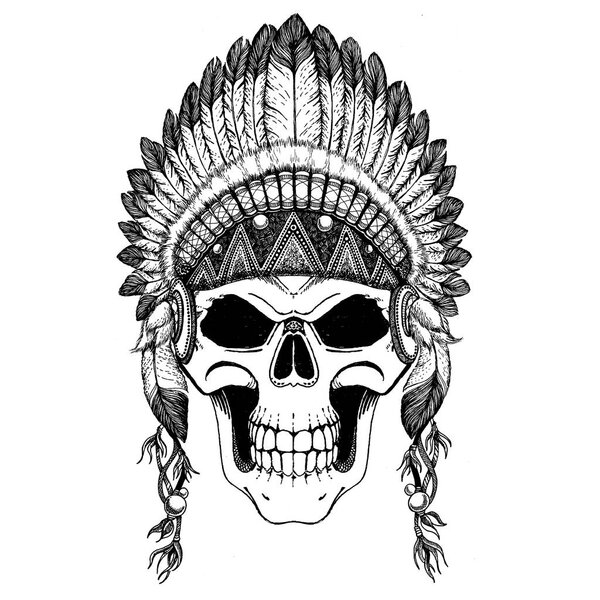 Stunning crown of feathers on a skull, repeating the Indian. Graphic illustration technique, dotwork. Dead man. Tribal ethnic illustration. Boho chic style. Wild and free