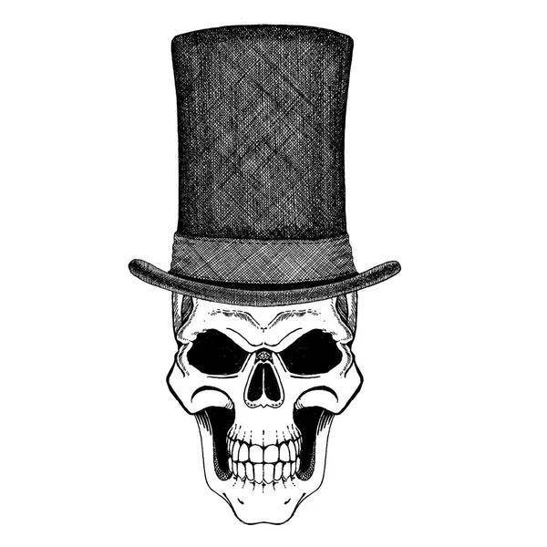 Imposing a skull in cylinder hat in the style of steampunk. T-shirt print, emblem, poster design. — Stock Photo, Image