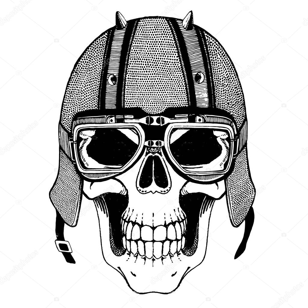 Skull wearing biker helmet. Ride until death. Wild and free. Motorcycle logo, badge, patch. Zombie, ghost rider. Dead biker