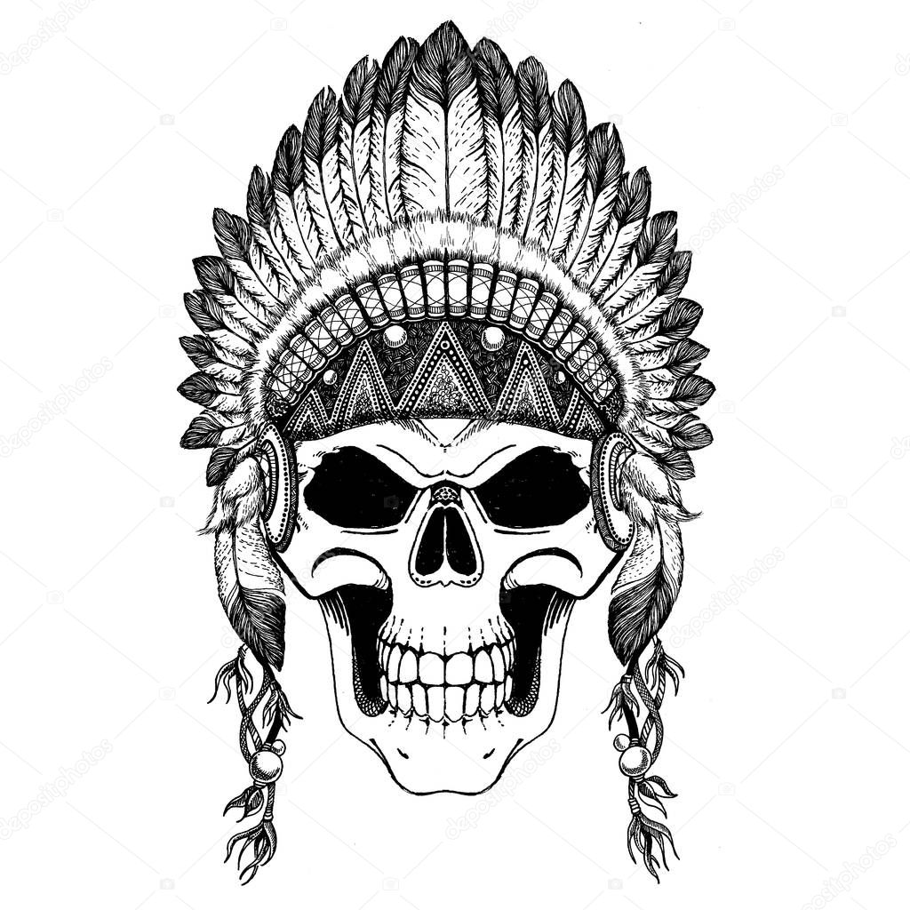 Stunning crown of feathers on a skull, repeating the Indian. Graphic illustration technique, dotwork. Dead man. Tribal ethnic illustration. Boho chic style. Wild and free