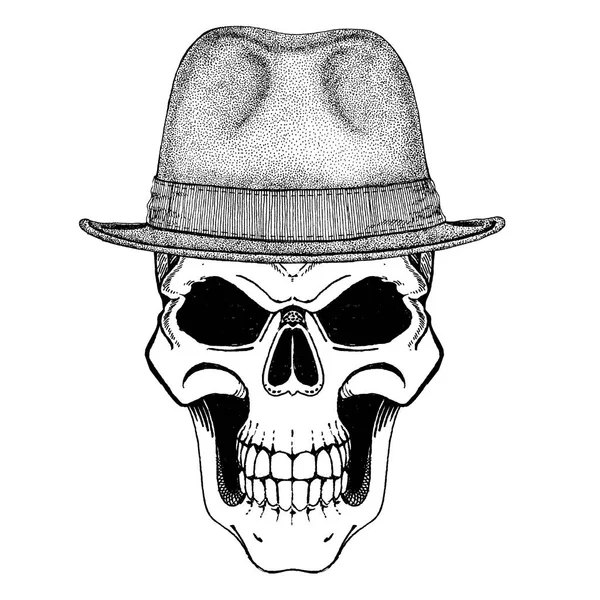 Skalle vintage hatt. Gangster, kriminella illustration. Vintage huvudbonad med skallen. T-shirt tryck, design för patch, logotyp, badge, emblem. — Stockfoto