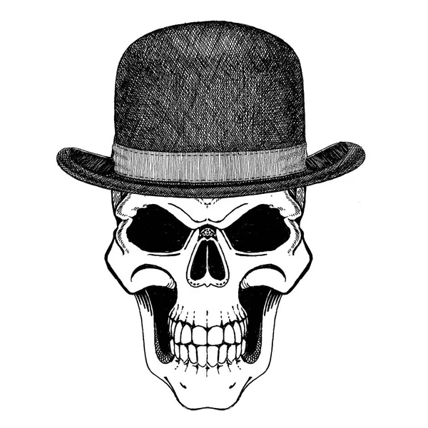Totenkopf mit Vintage-Hut. Gangster, kriminelle Illustration. Vintage Kopfschmuck mit Totenkopf. T-Shirt-Druck, Design für Aufnäher, Logo, Abzeichen, Emblem. — Stockfoto