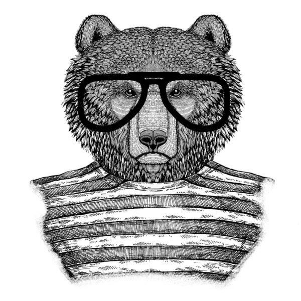 布朗熊俄罗斯熊时髦风格手绘纹身, 徽章, 徽章, 标志, 补丁, t恤衫画插图 — 图库照片