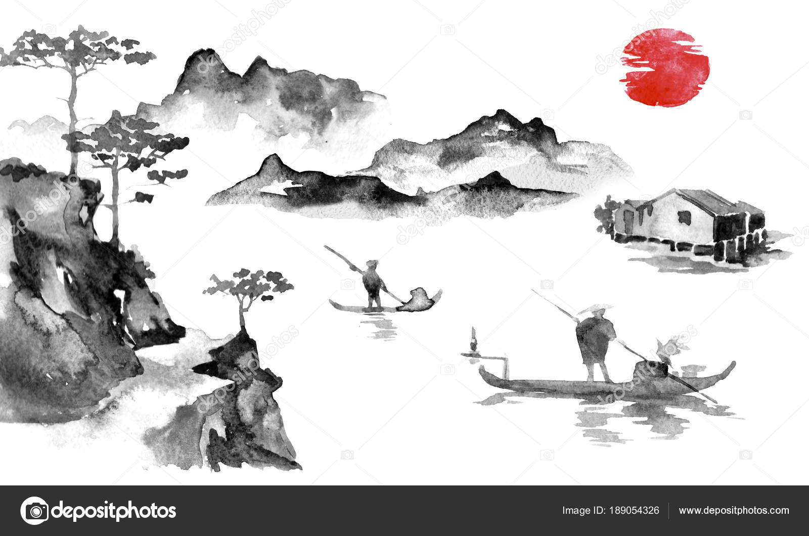 Japan traditional sumie painting. Indian ink illustration. Man and