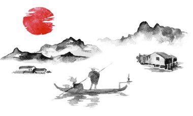 Japonya geleneksel sumi-e boyama. Hint mürekkebi çizimde. Adam ve tekne. Günbatımı, alacakaranlıkta. Japon resim.