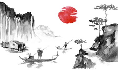 Japonya geleneksel sumi-e boyama. Hint mürekkebi çizimde. Adam ve tekne. Günbatımı, alacakaranlıkta. Japon resim.