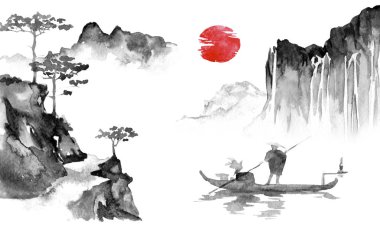 Japonya geleneksel sumi-e boyama. Hint mürekkebi çizimde. Adam ve tekne. Günbatımı, alacakaranlıkta. Japon resim.