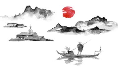 Japonya geleneksel sumi-e boyama. Hint mürekkebi çizimde. Adam ve tekne. Dağ manzarası. Günbatımı, alacakaranlıkta. Japon resim.