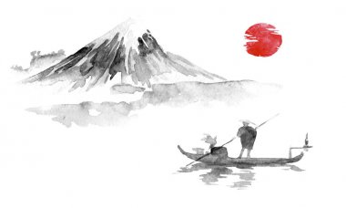 Japonya geleneksel sumi-e boyama. Hint mürekkebi çizimde. Adam ve tekne. Dağ manzarası. Günbatımı, alacakaranlıkta. Japon resim.