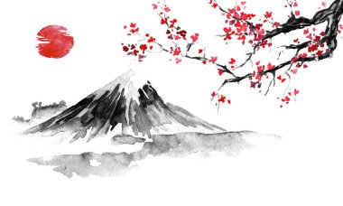 Geleneksel Japon sumi tablosu. Fuji dağı, sakura, gün batımı. Japon güneşi. Hint mürekkebi çizimi. Japonca resim.