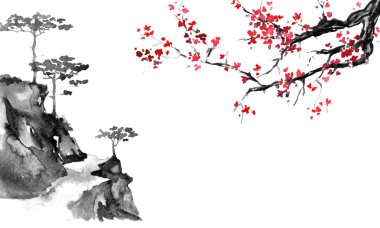 Japonya geleneksel sumi-e boyama. Hint mürekkebi çizimde. Japon resim. Sakura ve dağlar