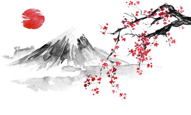 Japonya geleneksel sumi-e boyama. Hint mürekkebi çizimde. Japon resim. Sakura, güneş ve dağ