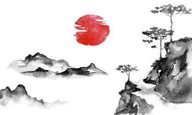 Japonya geleneksel sumi-e boyama. Hint mürekkebi çizimde. Japon resim. Güneş ve dağ