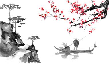 Japonya geleneksel sumi-e boyama. Hint mürekkebi çizimde. Adam ve tekne. Günbatımı, alacakaranlıkta. Japon resim.
