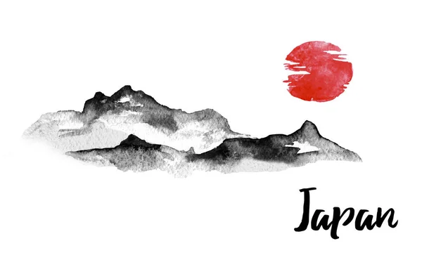 日本伝統的な水墨画。墨の図。丘や山々。日本人像. — ストック写真