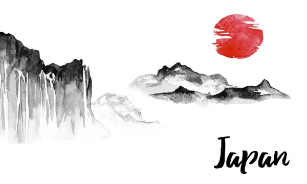 Japanische traditionelle Sumi-e-Malerei. Tintenillustration. Hügel und Berge. japanisches Bild. — Stockfoto