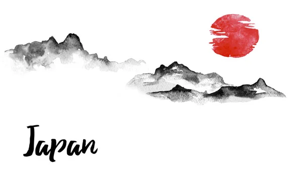 Japonya geleneksel sumi-e boyama. Hint mürekkebi çizimde. Tepeler ve dağlar. Japon resim. — Stok fotoğraf