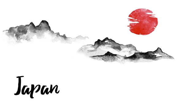 Japan traditional sumi-e painting. Indian ink illustration. Hills and mountains. Japanese picture. — Stock Photo, Image