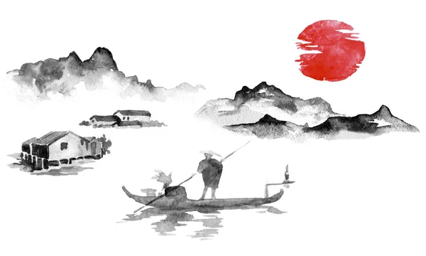 Lukisan tradisional sumi-e Jepang. Ilustrasi tinta India. Manusia dan perahu. Matahari terbenam, senja. Gambar Jepang . — Stok Foto