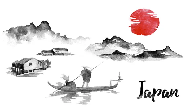 Lukisan tradisional sumi-e Jepang. Ilustrasi tinta India. Manusia dan perahu. Matahari terbenam, senja. Gambar Jepang . — Stok Foto