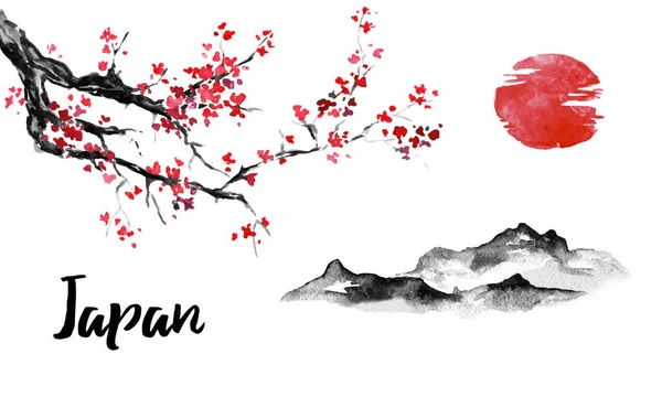 Giappone tradizionale pittura sumi-e. Sakura, fiore di ciliegio. Montagna e tramonto. Illustrazione inchiostro indiano. Immagine giapponese . — Foto Stock