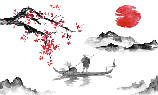 Giappone tradizionale pittura sumi-e. Illustrazione inchiostro indiano. Uomo e barca. Paesaggio montano con sakura. Tramonto, crepuscolo. Immagine giapponese . — Foto Stock