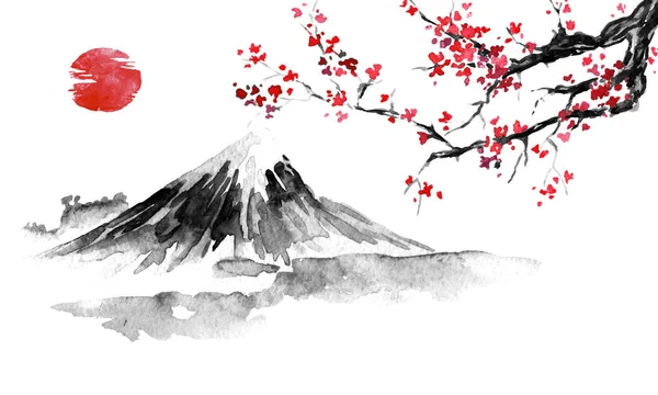 Geleneksel Japon sumi tablosu. Fuji dağı, sakura, gün batımı. Japon güneşi. Hint mürekkebi çizimi. Japonca resim.