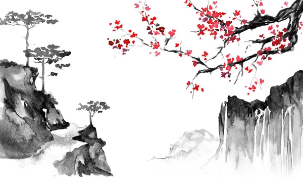 日本伝統的な水墨画。墨の図。男とボート。さくら山の風景。夕日 日本伝統的な水墨画。墨の図。男とボート。さくら山の風景。夕日