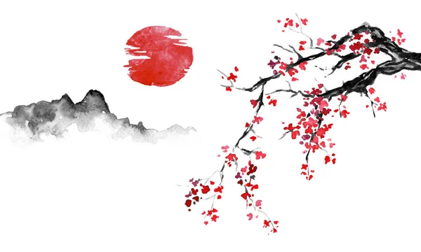 Japan traditionele sumi-e schilderij. Indische inkt illustratie. Japanse foto. Sakura, zon en bergen — Stockfoto