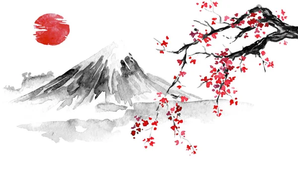 Japan traditional sumi-e painting. Indian ink illustration. Japanese picture. Sakura, sun and mountain