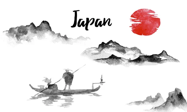 Japan traditional sumi-e painting. Indian ink illustration. Japanese picture. Man and boat. Mountain landscape