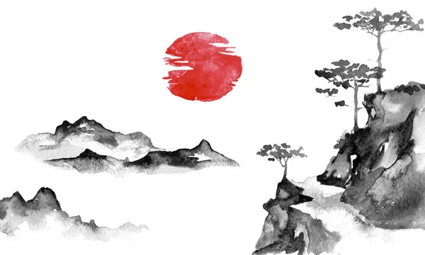Японская традиционная суми-э живопись. Индийская иллюстрация чернил. Японская фотография. Солнце и горы — стоковое фото