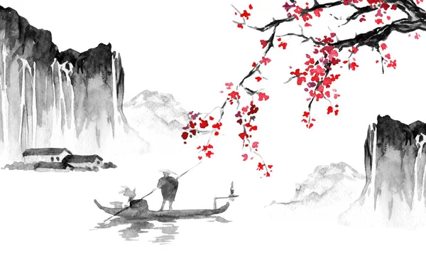 Japón tradicional sumi-e pintura. Ilustración de tinta india. Imagen japonesa. Hombre, barco, sakura, montañas — Foto de Stock
