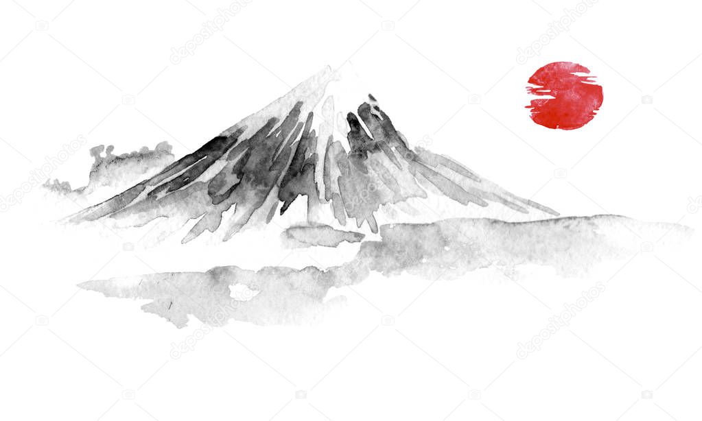 Japan traditional sumi-e painting. Fuju mountain. Indian ink illustration. Japanese picture.