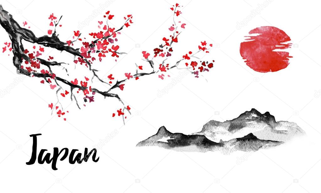 Japan traditional sumi-e painting. Sakura, cherry blossom. Mountain and sunset. Indian ink illustration. Japanese picture.