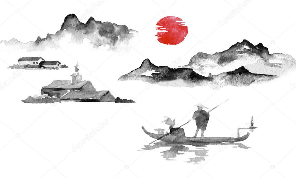 Japan traditional sumi-e painting. Indian ink illustration. Man and boat. Mountain landscape. Sunset, dusk. Japanese picture.