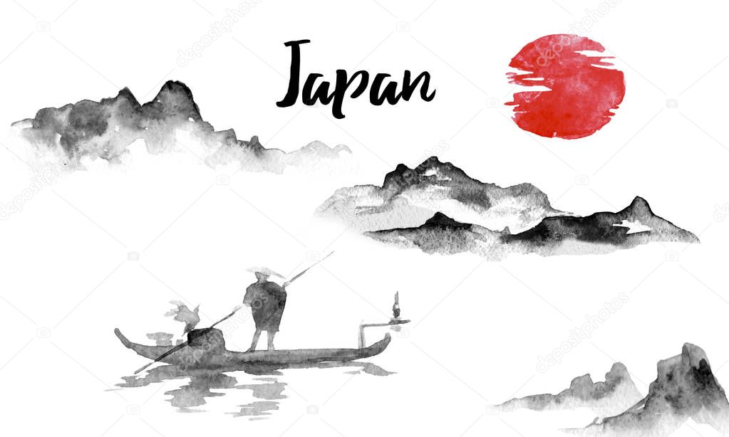 Japan traditional sumi-e painting. Indian ink illustration. Japanese picture. Man and boat. Mountain landscape