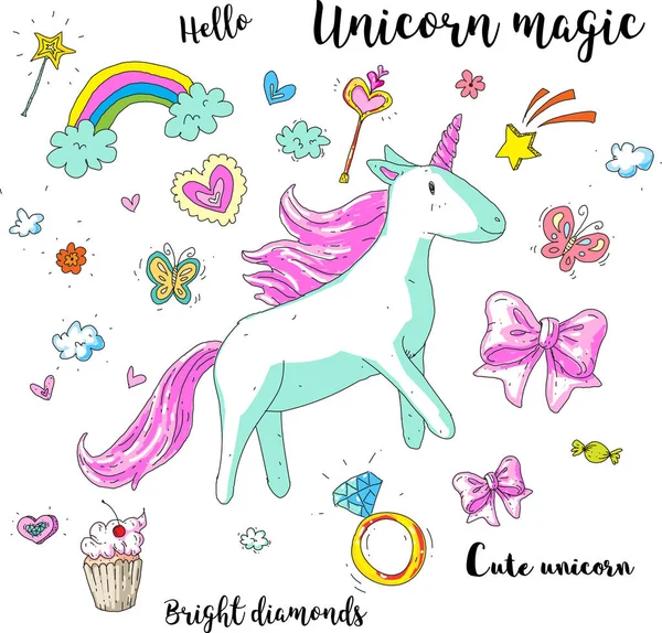 Jolie licorne fantasmée. Illustration vectorielle avec arc-en-ciel, éléments princesse, fleurs, cœurs, diamants. Pour motif enfant, chambre enfant, autocollants, broderie . — Image vectorielle