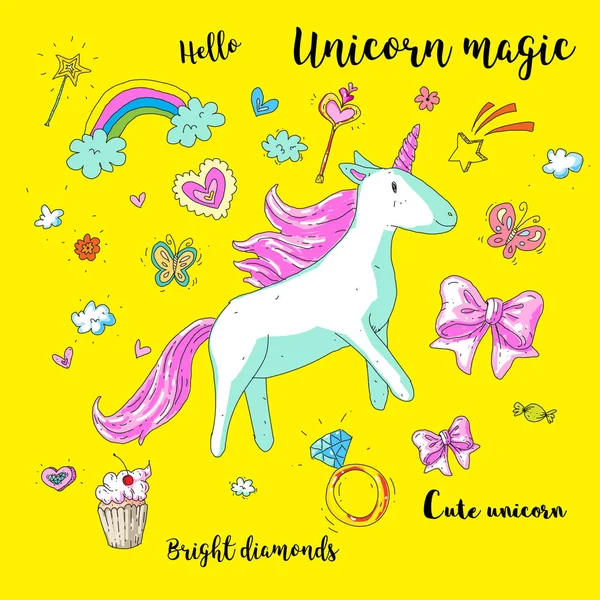 Şirin fantezi tek boynuzlu at. Gökkuşağı, Prenses öğeleri, çiçek, kalp, elmas ile vektör çizim. Çocuklar model, çocuk odası, çıkartmalar, nakış için.
