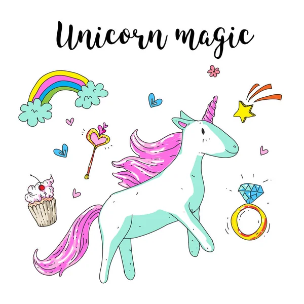 Şirin fantezi tek boynuzlu at. Gökkuşağı, Prenses öğeleri, çiçek, kalp, elmas ile vektör çizim. Çocuklar model, çocuk odası, çıkartmalar, nakış için.