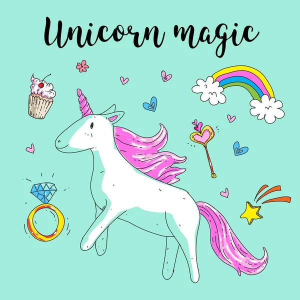Şirin fantezi tek boynuzlu at. Gökkuşağı, Prenses öğeleri, çiçek, kalp, elmas ile vektör çizim. Çocuklar model, çocuk odası, çıkartmalar, nakış için.
