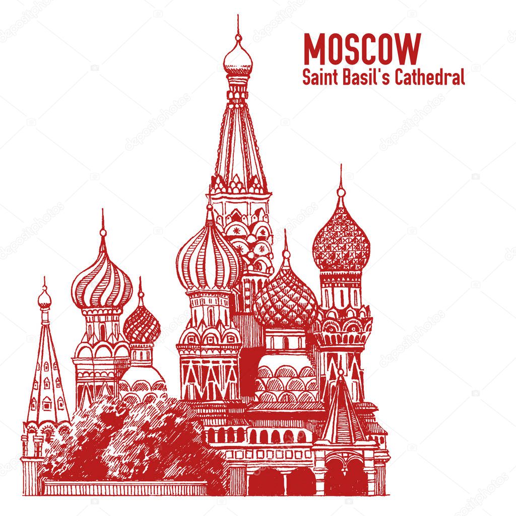 Moscow city colorful emblem with St. Basils Cathedral, Vacation in Russia. Illustration isolated on white background.